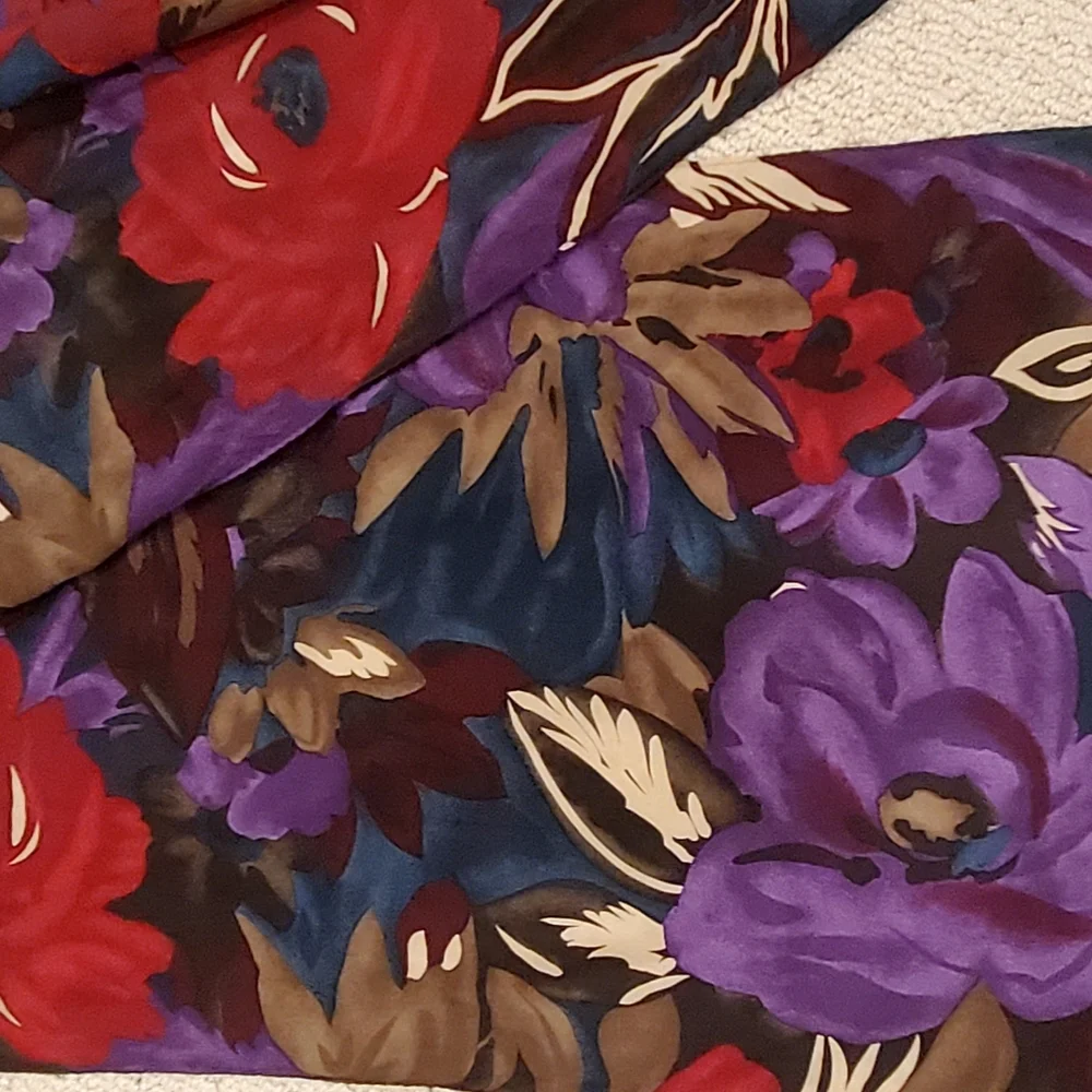 Vintage Axcess 100% Silk Long Floral Scarf, Deep Colors Purple/Teal/Red, EUC